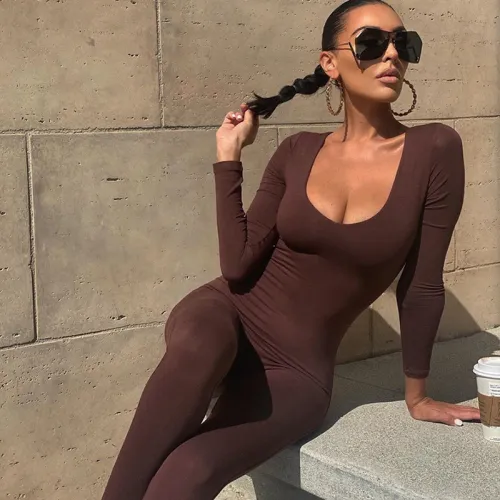 Spring Women's Low Neck Tight Fitting Long Sleeve High Waist Solid Color Sports Fitness Jumpsuit
