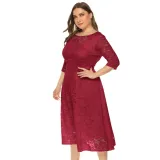 Plus Size Evening Dress Mid Length Cutout Lace Pocket Dress