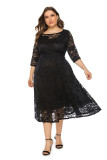 Plus Size Evening Dress Mid Length Cutout Lace Pocket Dress