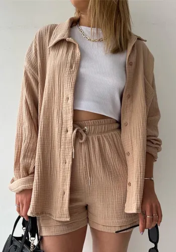 Women's Spring Crinkle Turndown Collar Long Sleeve Shirt High Waist Drawstring Shorts  2PC Set