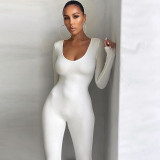Spring Women's Low Neck Tight Fitting Long Sleeve High Waist Solid Color Sports Fitness Jumpsuit
