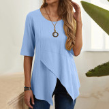 Women's Cropped Pullover Round Neck Slim Fit Half-Sleeve Linent Shirt Top