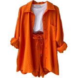 Women's Spring Crinkle Turndown Collar Long Sleeve Shirt High Waist Drawstring Shorts  2PC Set