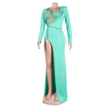 Beaded Lace Bodysuit Long Sleeve Irregular Dress Two-Piece Clubwear