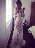 White Sexy Deep V-Neck Long-Sleeved Lace See-Through Tight Fitting Trailing Dress
