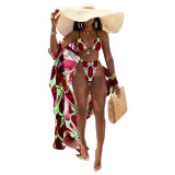 Swimwear Digital Printing Cardigan Short Sleeve Blouse Two Pieces Bikini Swimsuit Women Three-Piece Set
