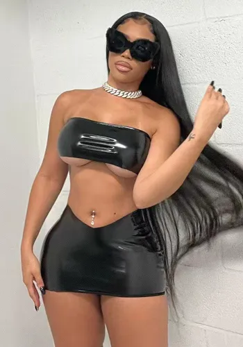 Summer Pu Leather Sexy Wrapped Chest Crop Top Bright Leather High Waist Bodycon Skirt Two Piece Set
