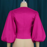 V Neck Balloon Sleeve Button Blouse Slim Cropped Rose Party Shirts Tops