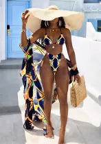 Swimwear Digital Printing Cardigan Short Sleeve Blouse Two Pieces Bikini Swimsuit Women Three-Piece Set