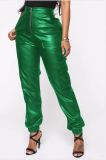 Women Pu Leather Pocket Ankle Banded Pants