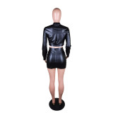 Women Casual pu Leather Zipper Top and Skirt Two-Piece Set
