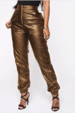 Women Pu Leather Pocket Ankle Banded Pants