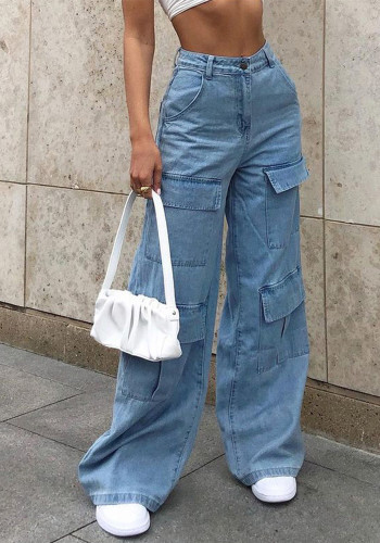 Calça jeans feminina superdimensionada com bolso e folgada