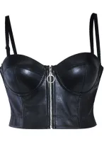 Women Sexy pu Leather Crop Strapless Zipper Tank Top