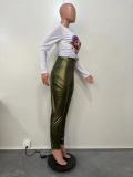 Women Casual High Waist Stretch PU-Leather Pant