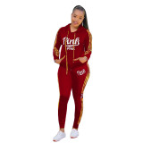Women Fashion Letter Print Hoodies and Pant Sport Two-Piece Set
