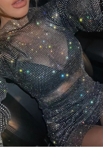 Women summer sexy sparkling diamond mesh long-sleeved dress