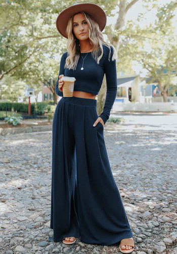 Women Clothing Casual Long Sleeve Top And Wide Leg Pants Two-Piece Set