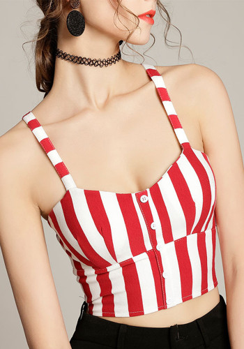 Women Summer Suspenders Stripe Crop Top