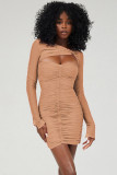 Spring women's sexy mesh hollow out See-Through pleated long-sleeved Bodycon dress