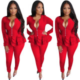 Women's Solid Color Stiff Ruffle Long Sleeve Zipper Top and Pants Two-Piece Set