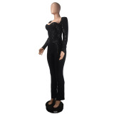 Spring Strapless Long Fit Long Sleeve Sequined Jumpsuit without Belt