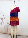 Spring Women's Short Sequined Off-Shoulder Slash Shoulder Sleeveless Patchwork Overlay Cake Dress