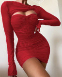 Spring women's sexy mesh hollow out See-Through pleated long-sleeved Bodycon dress