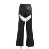 Spring and summer hollow out sexy pu Leather pants Slim Fit trousers High waist fashion wide leg loose pants