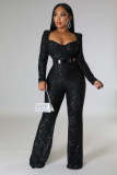 Spring Strapless Long Fit Long Sleeve Sequined Jumpsuit without Belt