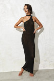 Fashion Ladies Solid Color Sexy One Shoulder Halter Neck Lace-Up Low Back Knitting Maxi Dress