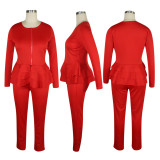 Women's Solid Color Stiff Ruffle Long Sleeve Zipper Top and Pants Two-Piece Set
