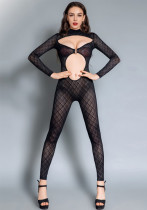 Allure See-Through Cutout Long Sleeve Tight Fitting Zipper Jumpsuit Diamond Lencería sexy para mujer