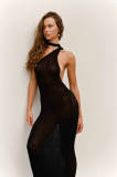 Fashion Ladies Solid Color Sexy One Shoulder Halter Neck Lace-Up Low Back Knitting Maxi Dress