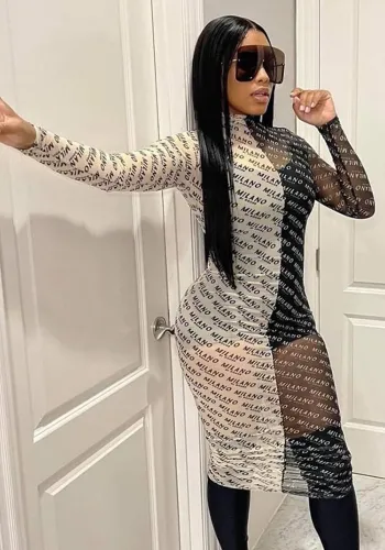 Women'S Fashion Contrast Color Black And White See-Through Mesh Sexy Bodycon Dress