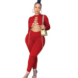 Women'S Solid Color Round Neck Chain Crossover Cutout Tight Fitting Jumpsuit