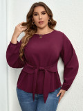 Autumn And Spring Women'S V-Neck Long-Sleeved Purple Shirt Tie Top