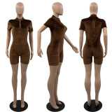 Women'S Fashion Print Velvet Zipper Short Sleeve Jumpsuit