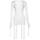 Spring Women'S Solid Color Long Sleeve Ripped Knit Slim Bodycon Dress Two-Piece Set