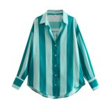 Fall Women'S Vertical Stripe Patchwork Long Sleeve Shirt