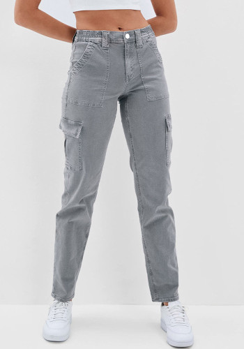 Pantalones de pierna recta casuales con botones lavados para mujer