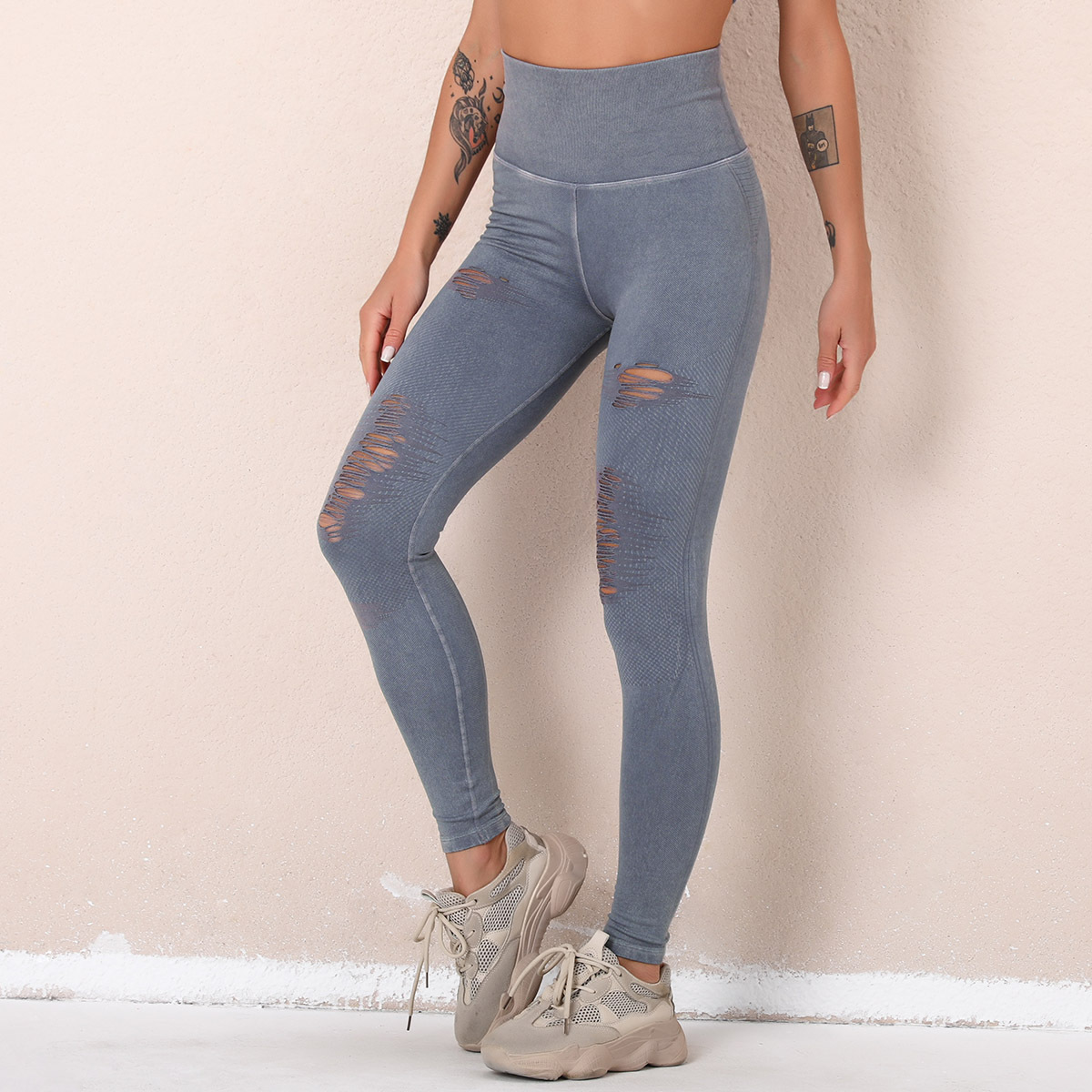 Women Washed Ripped Cutout Seamless High Waist Sports Yoga Pants Workout  Pants - The Little Connection