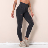 Kadınlar Yıkanmış Yırtık Kesim Dikişsiz Yüksek Bel Spor Yoga Pantolon Egzersiz Pantolonu