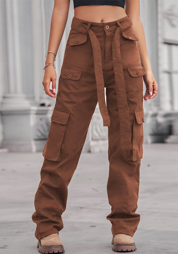 Pantalon cargo multi-poches en denim délavé pour femme