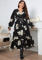 Plus Size Women Elegant Printed V-Neck Dress