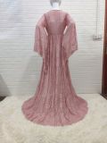 Women Sexy Deep V Neck Bell Bottom Sleeves Lace See-Through Slit Dress