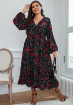 Plus Size Damen Schwarzes Kleid mit Chiffon-Print