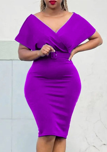 Plus Size Damen V-Ausschnitt, figurbetontes Stretch-Afrika-Kleid mit Gürtel