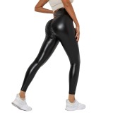 Plus Size Women High Waisted Pu-Leather Outdoor Wear Fitting Pants
