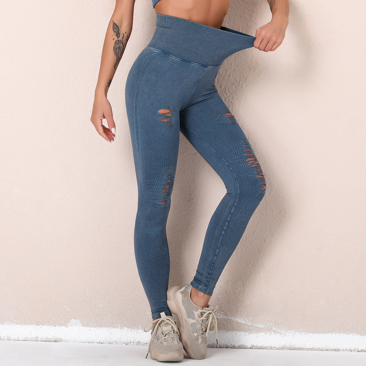 Women Washed Ripped Cutout Seamless High Waist Sports Yoga Pants Workout  Pants - The Little Connection